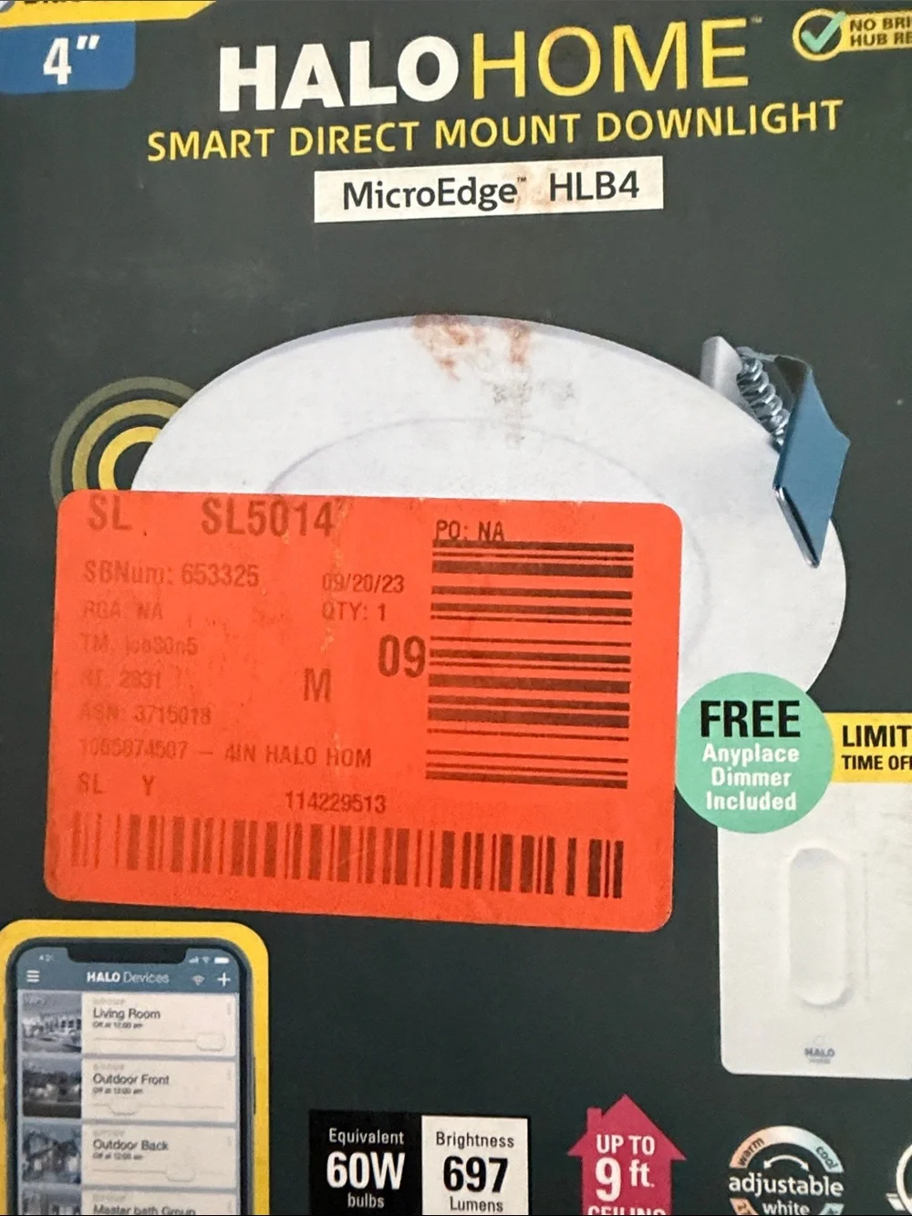 Halo Home Smart Direct Mount Downlight NIB with Anyplace Dimmer